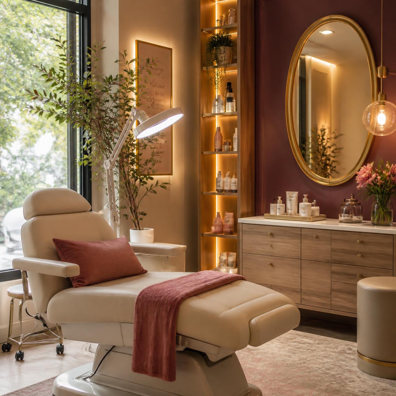 Espaço boutique de estética com cadeira em couro creme, espelho dourado e iluminação acolhedora